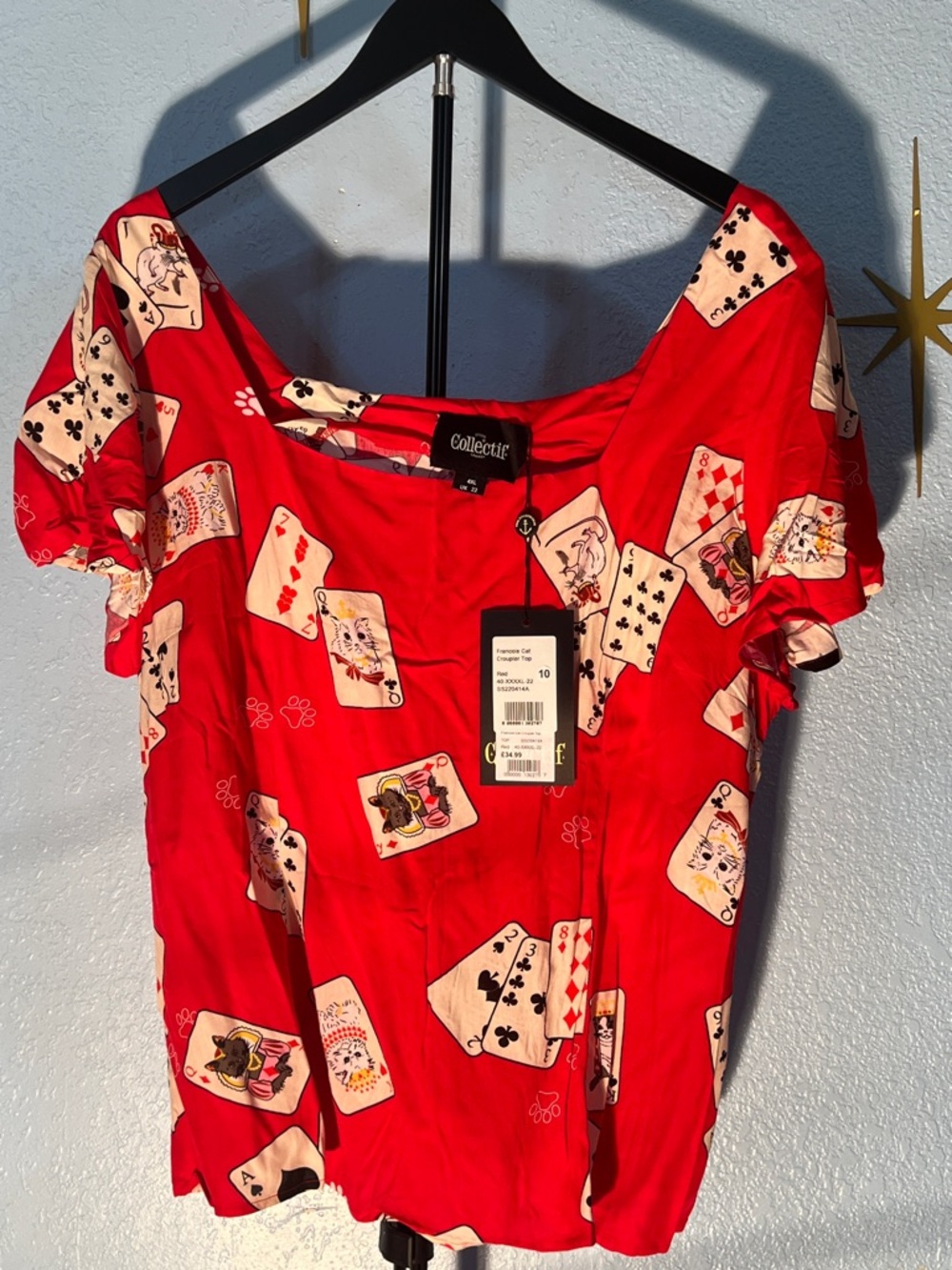Collectif Red Playing Card Print Puff Sleeve Blouse
